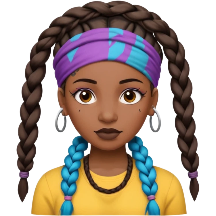 big lose braids starting from the top of the head woman face wiith big visible braids and mono color headband on head  face and braids as big as headband and lots and lots of face tattoos colored tattoos like a tattoo artist hair unique color emoji