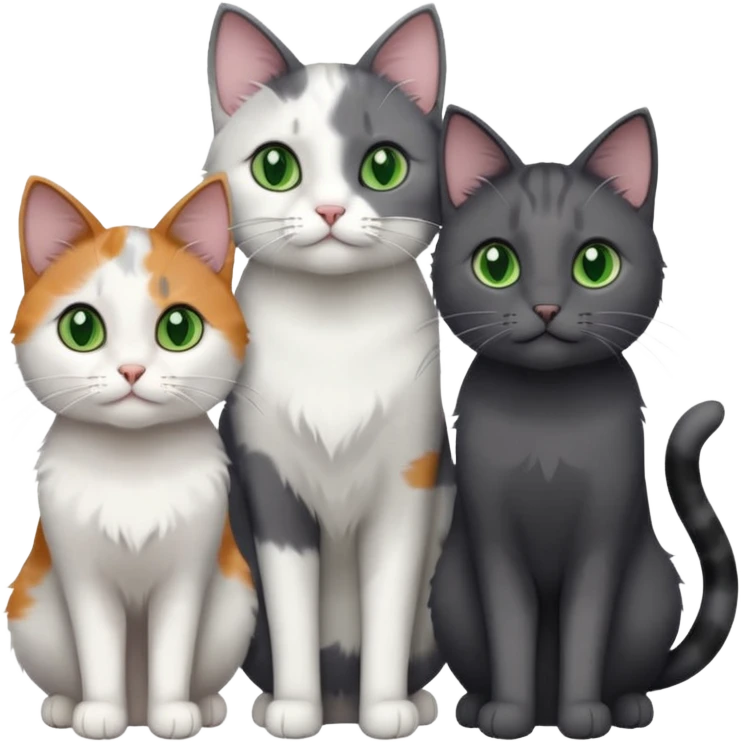 3 different coloured small cats including a dark grey and white, and a patchy calico and a completely solid dark grey with green eyes and only white paws emoji