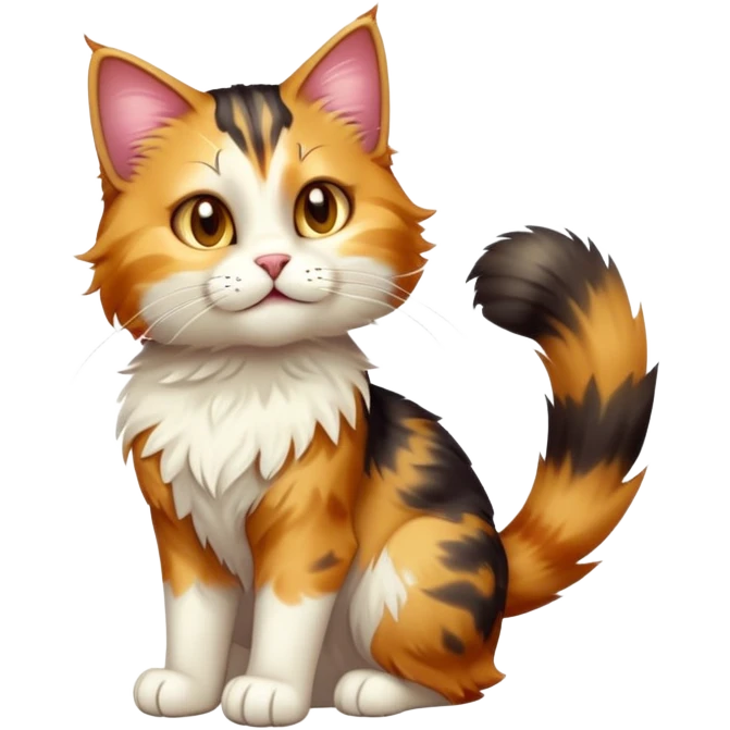 cinematic-[calico tabby cat]-realistic-full-body-sitting-emoji,-tail-curled-playfully-around-its-paws,-head-tilted-dramatically,-scruffy-[calico]-fur,-simplified-yet-realistic-adorable-features,-highly-detailed,-glowing-with-an-almost-sarcastic-glow emoji
