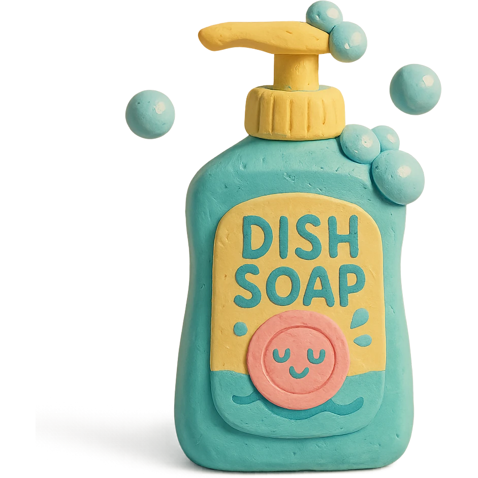 dish soap bottle in claymation style with bubbles and a playful label, pastel palette emoji