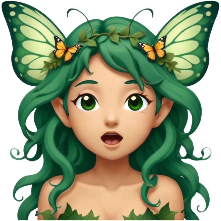 Cinematic Realistic Forest Nymph Fairy Portrait, head tilted slightly with a dramatic, wide-open yawn, revealing a tender, relaxed visage with finely detailed tanned skin and flowing, vine-adorned dark green hair gently framing her face. Her sleepy eyes exude a serene, dreamlike quality as soft natural sunlight filters through the canopy, showing her large butterfly wings from her back capturing the essence of a drowsy yet captivating forest nymph drifting into peaceful slumber. emoji