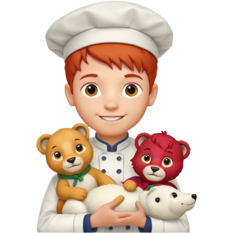 boy kid italian chef, red haired, uniform, holding plush polar lion emoji