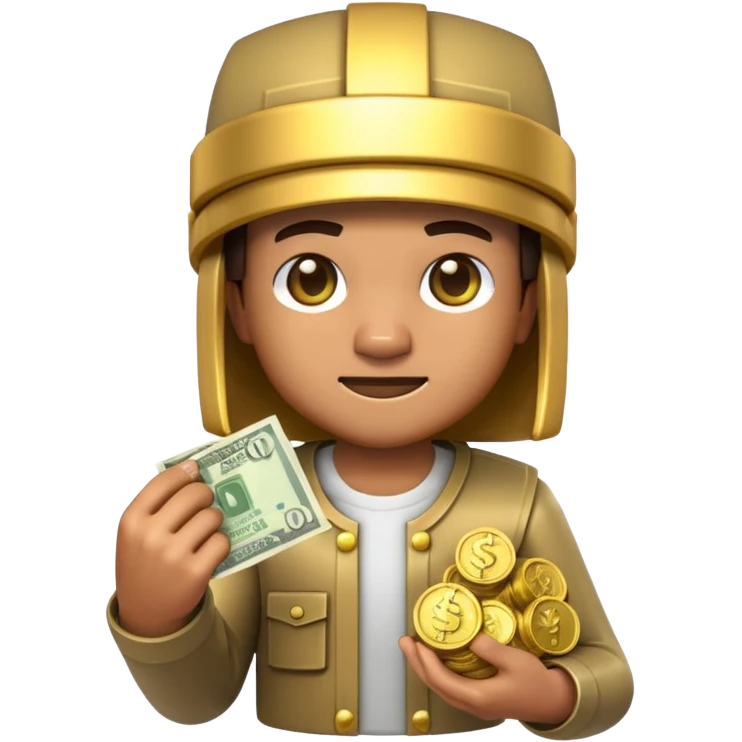 3D emoji, minecraft inspired character made of glossy plastic, holding money and gold coins, cinematic lighting, soft reflections, ultra detailed, centered, clean background, high resolution emoji