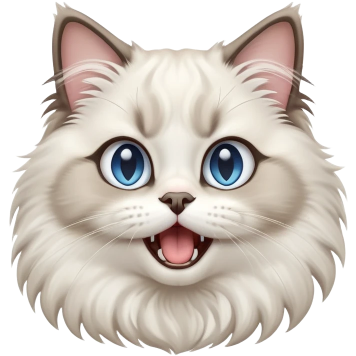 cinematic-adorable-big-eyed-fluffy-ragdoll-cat-portrait-emoji,-head-tilted-playfully-with-a-cute,-exaggerated-yawn,-white and grey fur,-simplified-yet-irresistibly-cute-features, blue eyes emoji