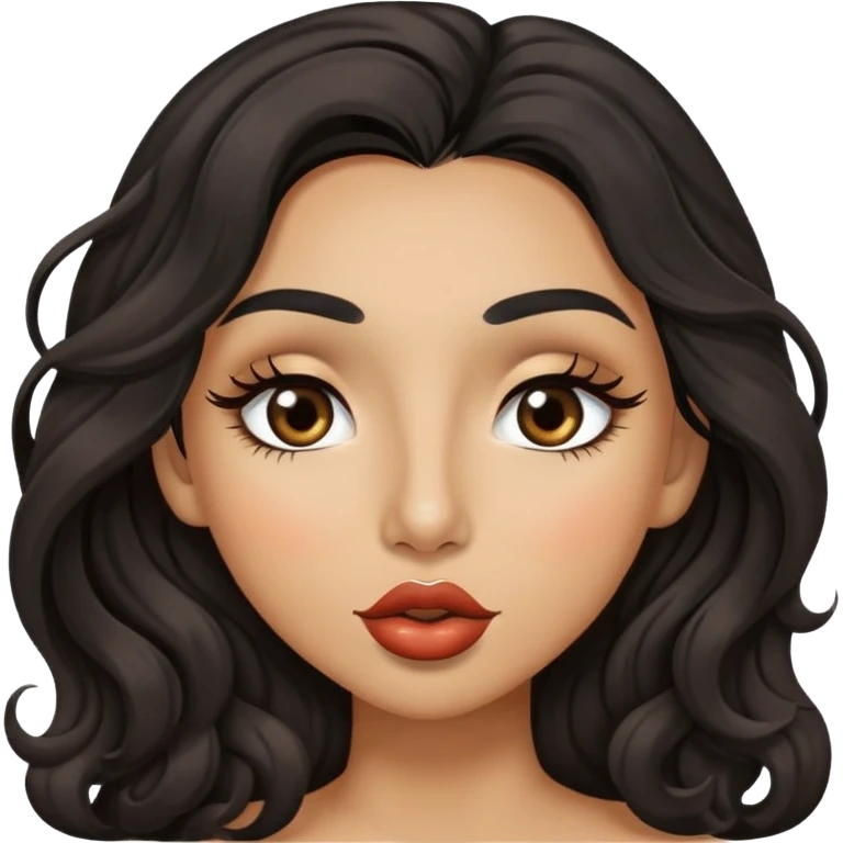 woman with olive skin, brown eyes and long lashes, and long black wavy hair giving a kiss emoji