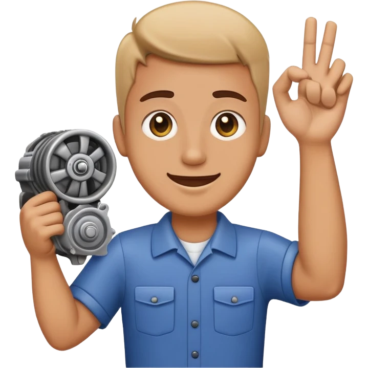 employee holding a car engine part in one arm and waving with right hand, clear and expressive emoji style emoji
