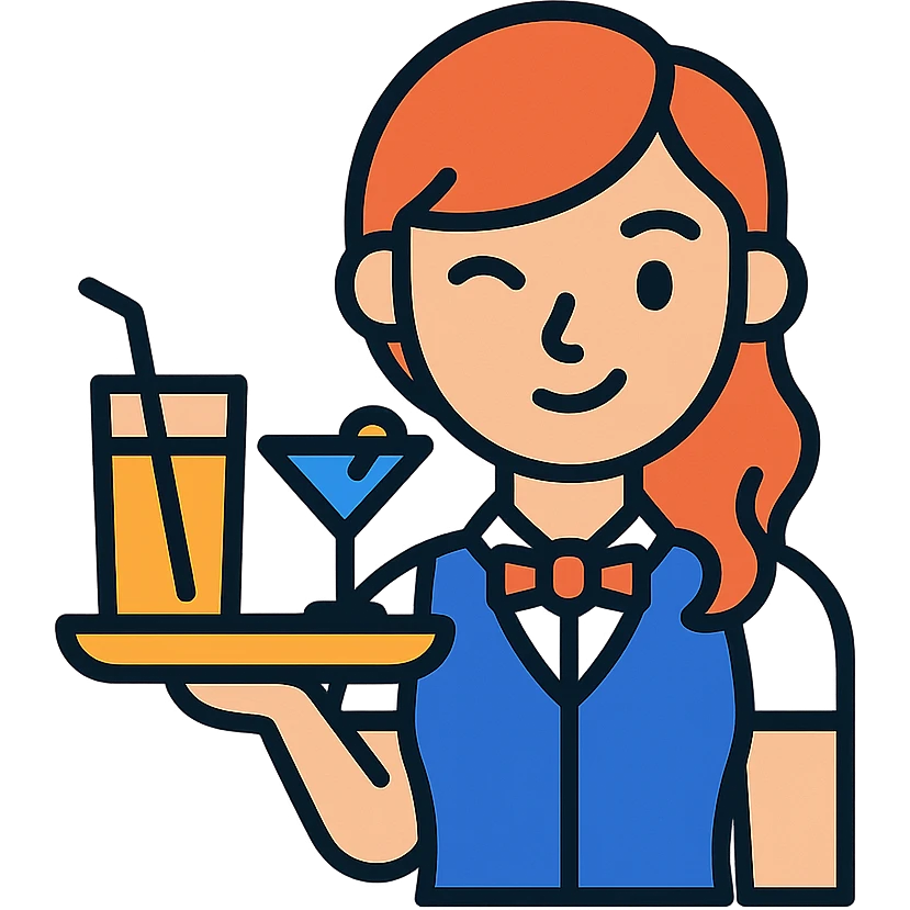 icon of a flirty bartender girl holding a tray of drinks, minimal, clean lines, modern icon style, color outlined emoji