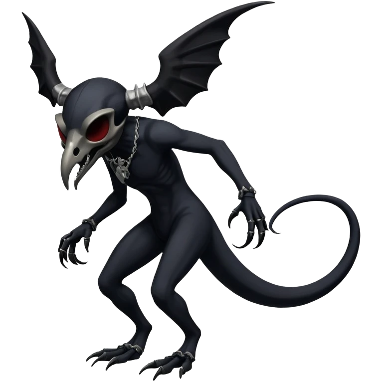 Shiny Dark Edgy  Duskull-Salandit-Inteleon-Amaura-Fakémon-hybrid-creature (full body) with a horned bird-skull-mask emoji
