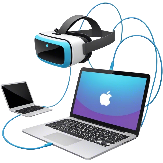 An emoji of VR/AR technology. VR headset connected by a wire to a laptop, symbolizing the development process. Floating 3D models or virtual objects to indicate interaction with the technology. Use modern, tech-inspired colors. Do not include any emojis or smiley faces. background transparent. emoji