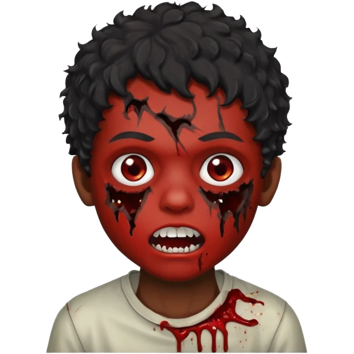 menino com cabelo cacheado preto e olhos marrons, com boca de zumbi emoji