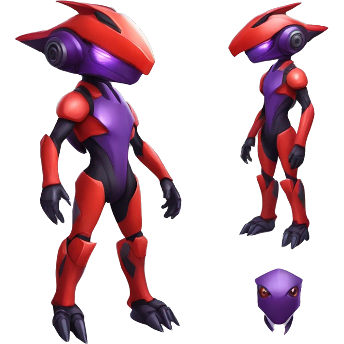a shiny black-red-purple Genesect-Raptor-Fakémon—hybrid with a futuristic visor-helmet full body emoji