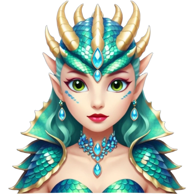 A gorgeous dragon woman with glittering jeweled scales covering her body and face. She has large almond shaped eyes, lush lips, and she wears a stunning luminescent gown. emoji