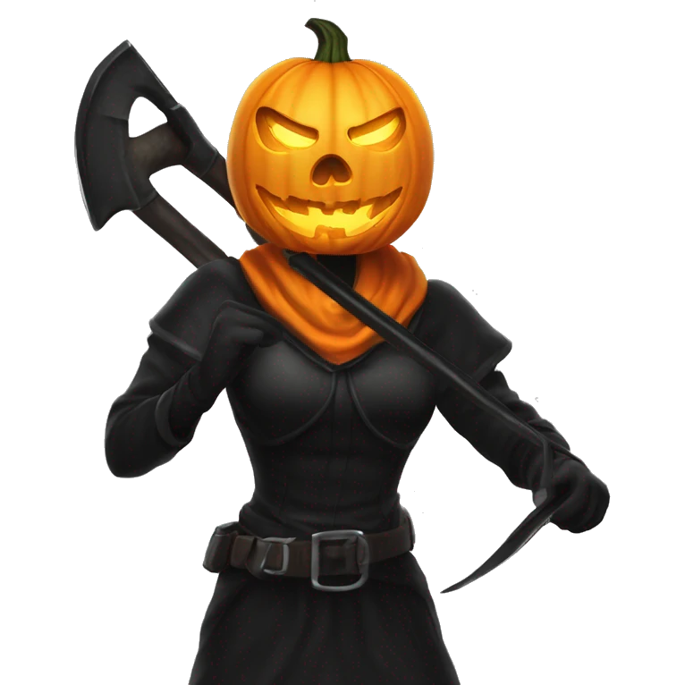 Human female pumpkin hunter with a scythe, glowing pumpkin eyes inside a black helmet, Halloween theme, emoji emoji