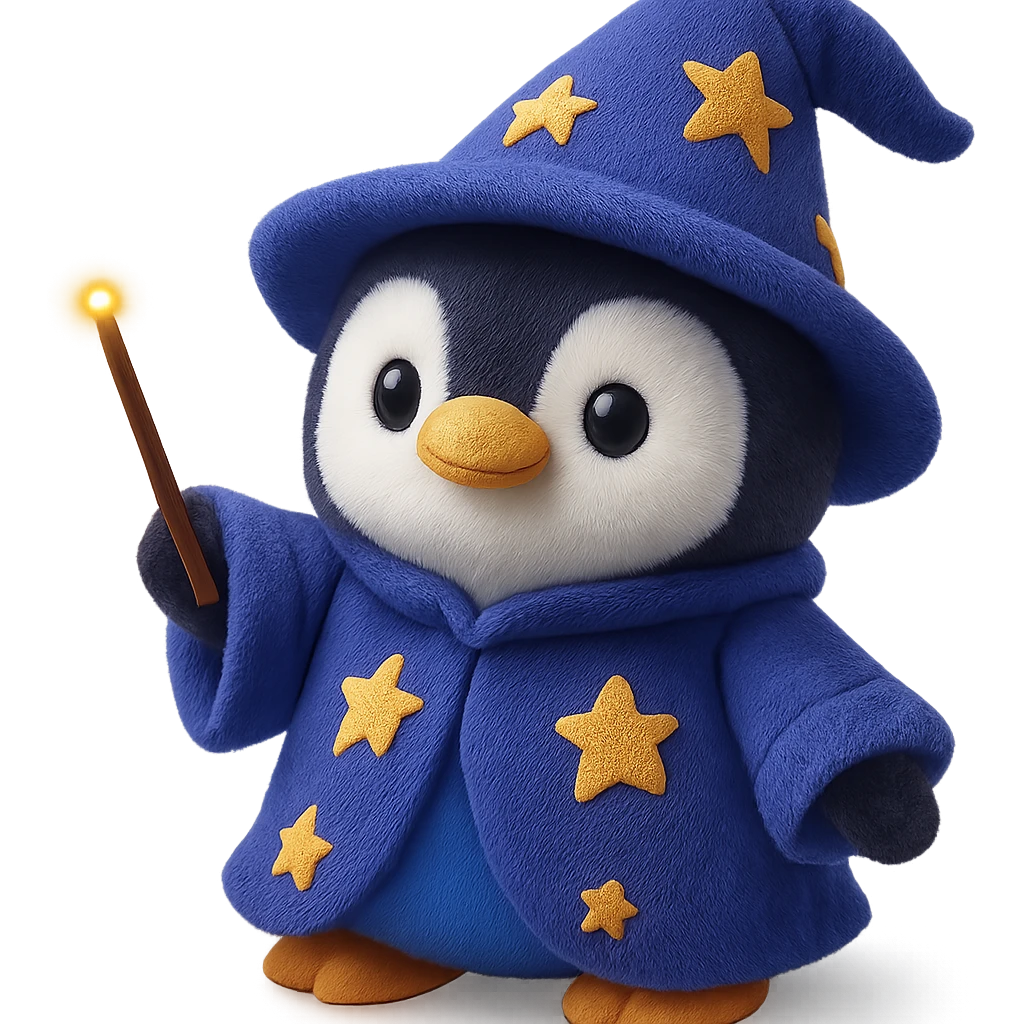 A magical penguin wizard wearing a starry blue wizard robe and a pointed hat. The plush penguin has a tiny wand and an adorable expression. emoji