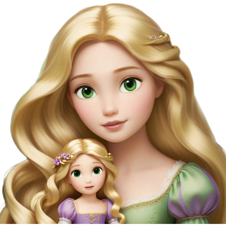 Cinematic Realistic Rapunzel Portrait, with porcelain-like skin featuring a subtle, natural glow, illuminated by soft lighting that brings out the gentle contours of her face. Her long, golden blonde hair cascades in detailed waves, each strand highlighted with a radiant shimmer as it catches the light. Her bright, expressive green eyes exude curiosity and warmth, framed by delicate lashes and soft, arched brows. Her expression is playful and vibrant, with a gentle smile. She is dressed in her classic lavender and pink gown, the fabric textured with delicate folds that flow naturally, catching the light with a soft, radiant glow. The portrait captures a luminous, enchanting aura, seamlessly blending realism with a whimsical, fairytale charm, evoking a timeless sense of beauty and magic. emoji