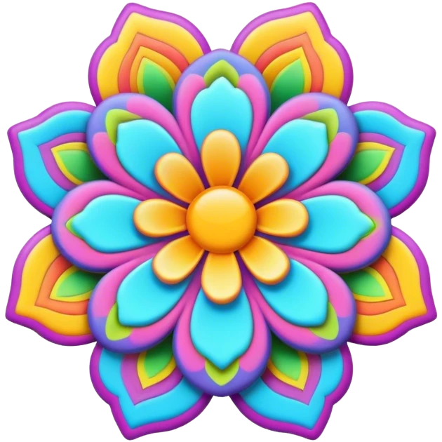 3D, psychedelic colored label with hippie style flower border emoji