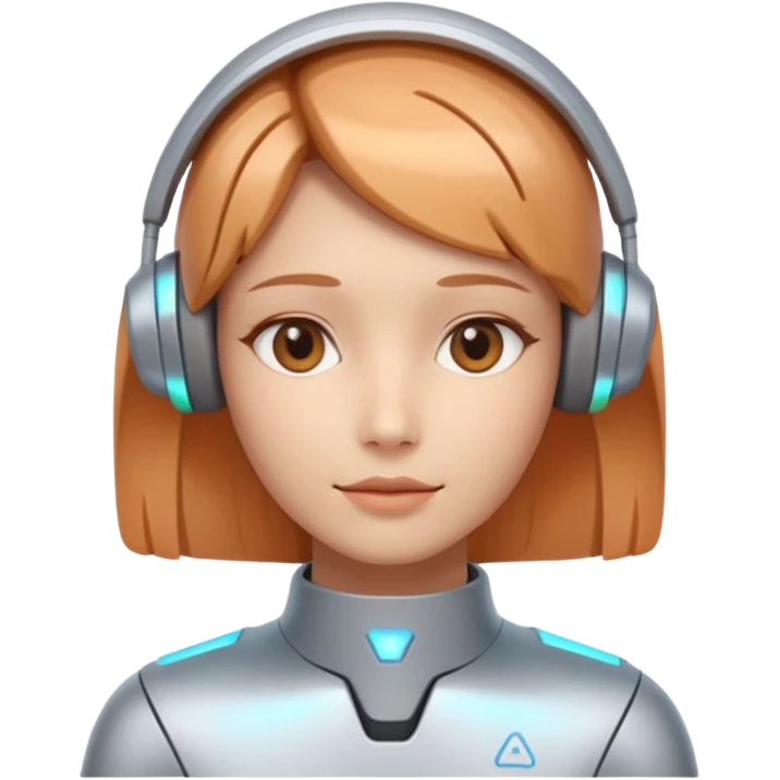 AI Support Agent holo-human-like Cyber AI face, warm, calm and friendly. Holographic look.Soft AI face with a listening, welcoming expression, minimal facial lines, calm eyes.  emoji