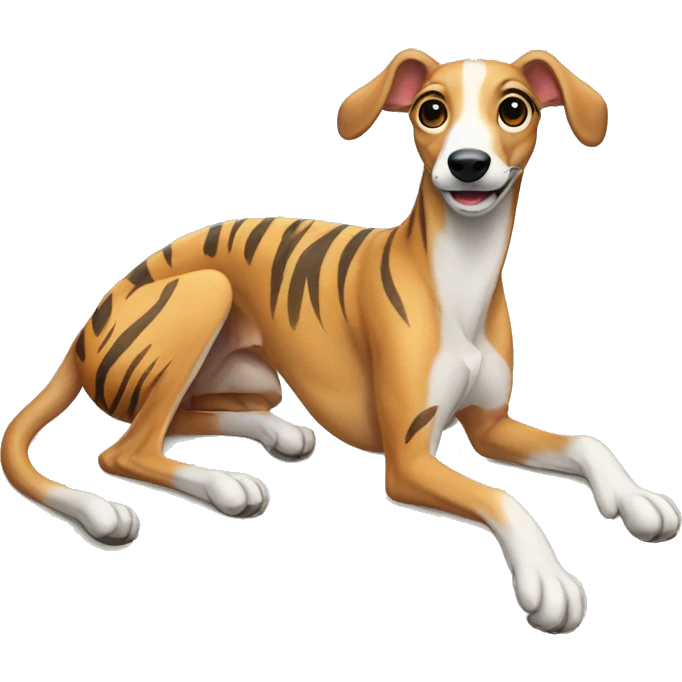 Fawn tiger greyhound lifts legs up emoji