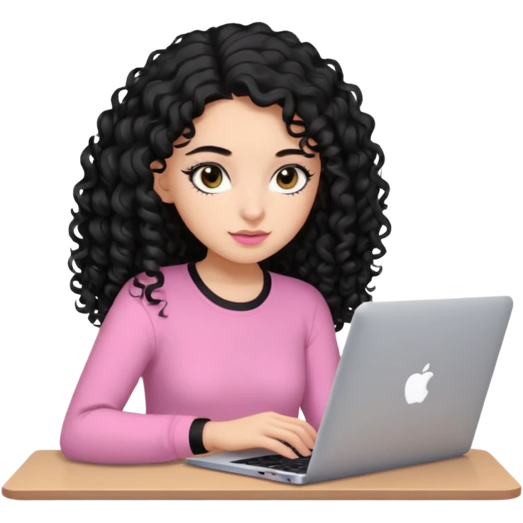 a girl typing mac book with long black curly hair and brown eyes with black eyeliner, pink shirt emoji