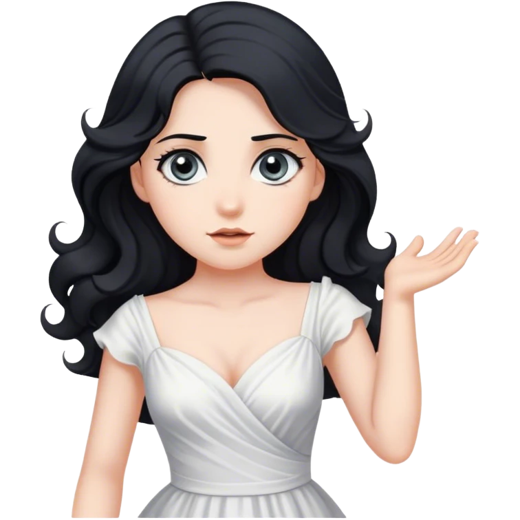 She has long, wavy black hair that frames her face elegantly. Her eyes are big and gray, adding to her captivating appearance. She is wearing a white dress that complements her fair complexion. She is striking a pose slightly diagonally, enhancing her graceful look. emoji