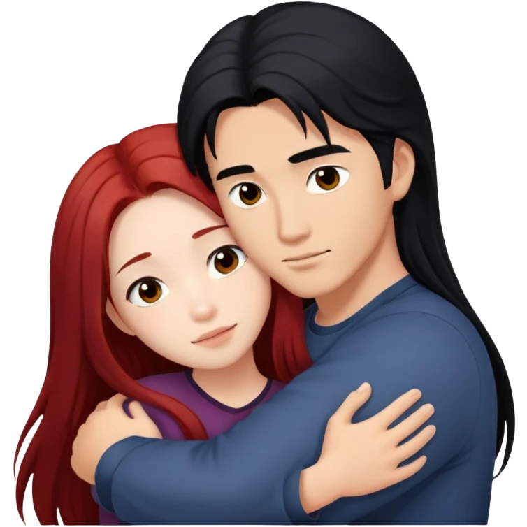 asian guy with long black hair hugging natural red haired girl emoji
