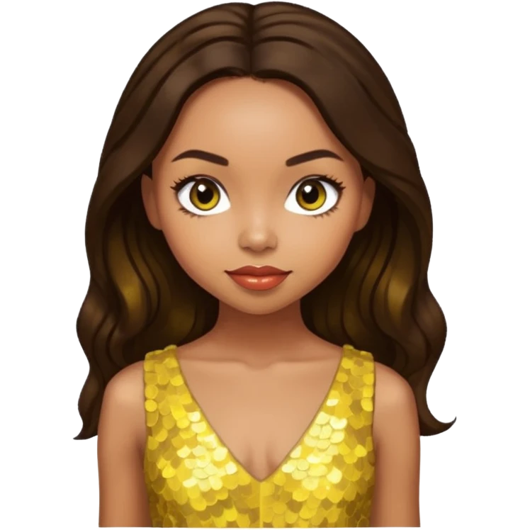 Logan Browning with long dark brown hair, yellow sequin dress emoji