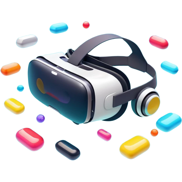 Show a VR headset or AR glasses, symbolizing the immersive experience. Include virtual objects or a 3D scene floating in the air in front of the headset. Use modern, tech-inspired colors. Do not include any emojis or smiley faces. Make the background transparent. emoji