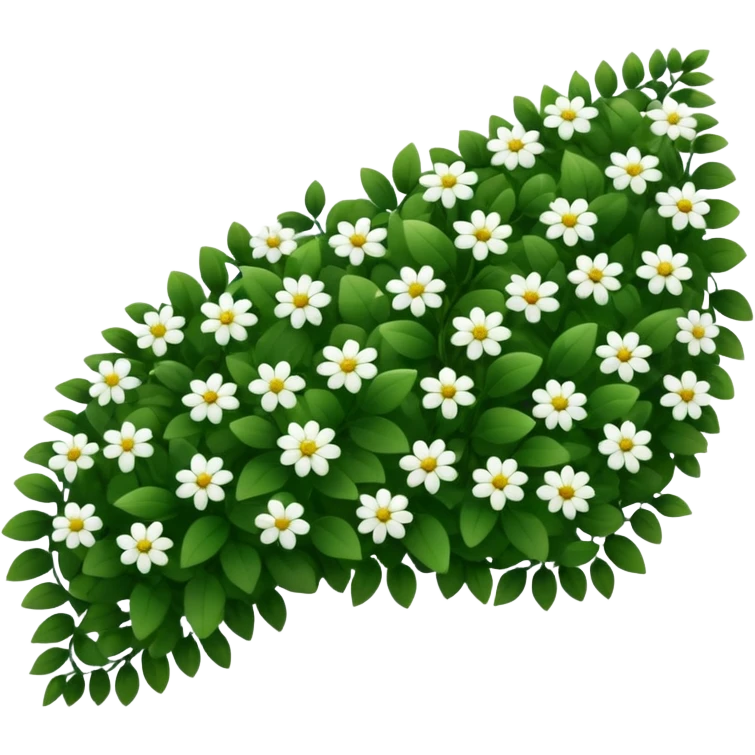 A dense bush with dark leaves and a curved organic shape with small white flower emoji