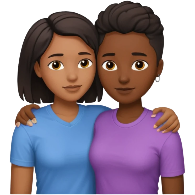 Black lesbian couple with one dark skin masculine with short hair low cut fade with a t shirt and one feminine with long hair in a blouse hugging  emoji
