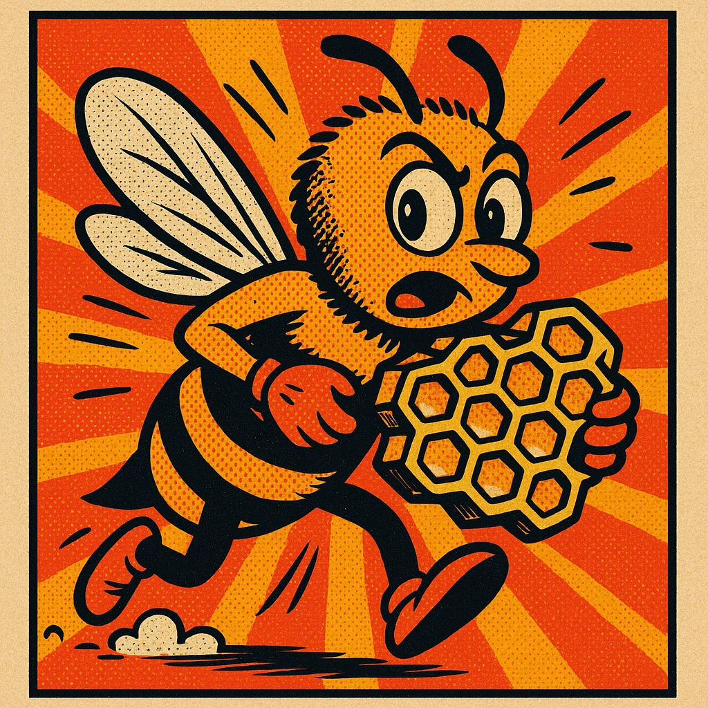 a bee thief escaping with honeycomb, comic style, vibrant colors emoji
