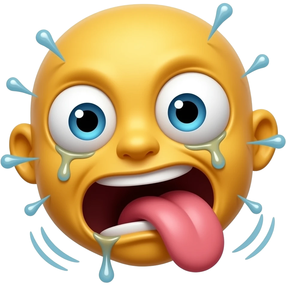 iPhone emoji, insane face, big bulging eyes, tongue wagging out, drool dripping from the mouth, motion blur lines to show head shaking, frantic and chaotic energy, flat design, yellow face. emoji