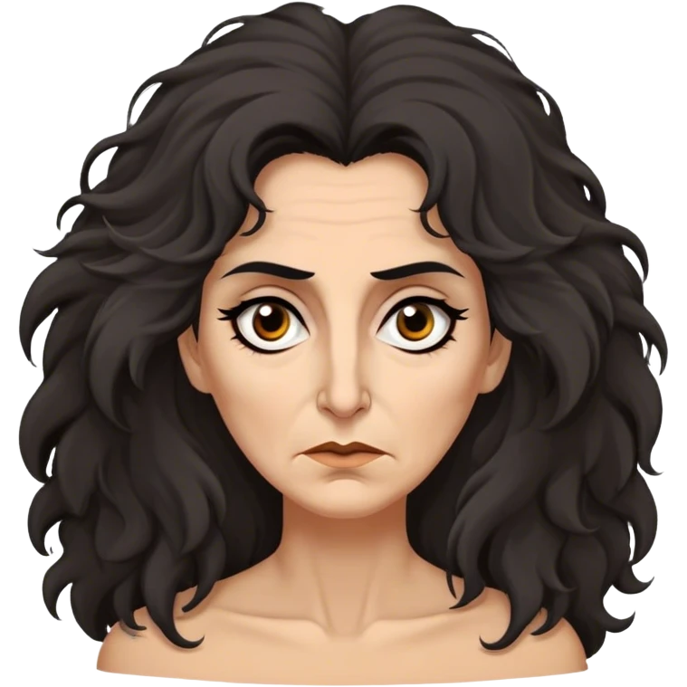 Mirri Maz Duur is a weathered, age 50 woman with deep-set dark eyes, high cheekbones, and a sharp nose, giving her a stern, knowing expression. Her long, unkempt dark frizzy hair  falls loosely over her shoulders emoji
