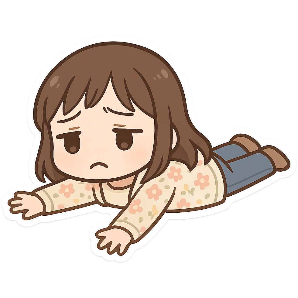 chibi sticker of a girl with brown straight hair and brown eyes, wearing a pastel floral cardigan and jeans, lying on the floor sad with arms spread, white outline, transparent background, 512x512px emoji