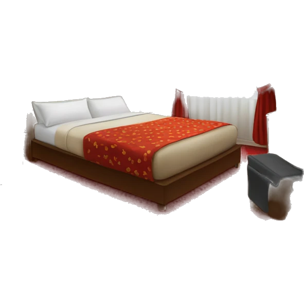hotel room with a dirty bed , red wallpaper, and dirty carpet  emoji