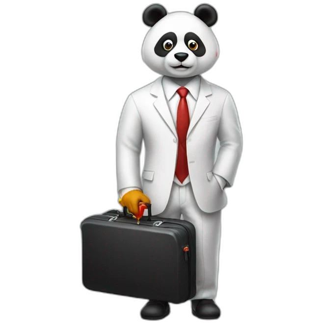 A professor with white suit and red tie and a panda face eating a hotdog and holding a black suitcase emoji