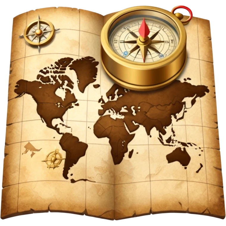 3D Brown golden map with Travel compass pointing to adventure emoji