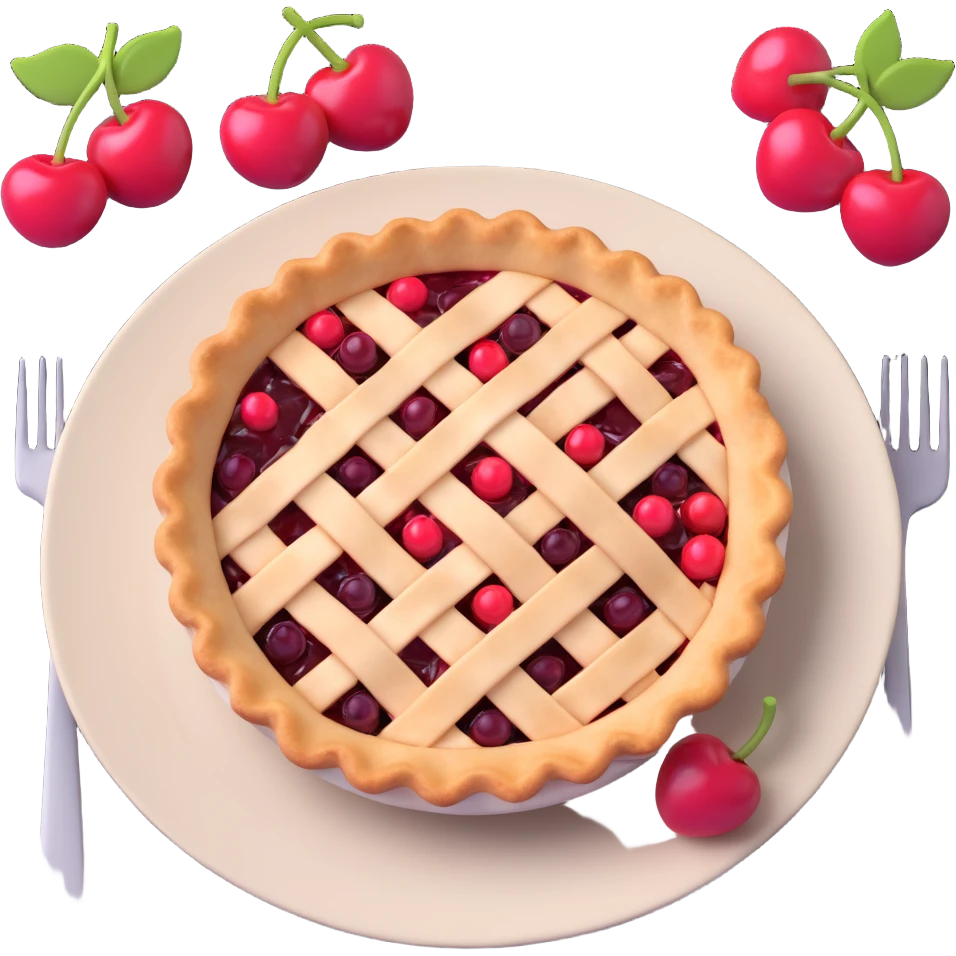 Enhance the 3D iOS 18 emoji style cherry pie image by adding more volume and depth. Improve shading, highlights, and shadows to make the pie, cherries, plate, and fork appear more dimensional and realistic, while preserving the soft, glossy 3D emoji look and the checkered tablecloth background. emoji