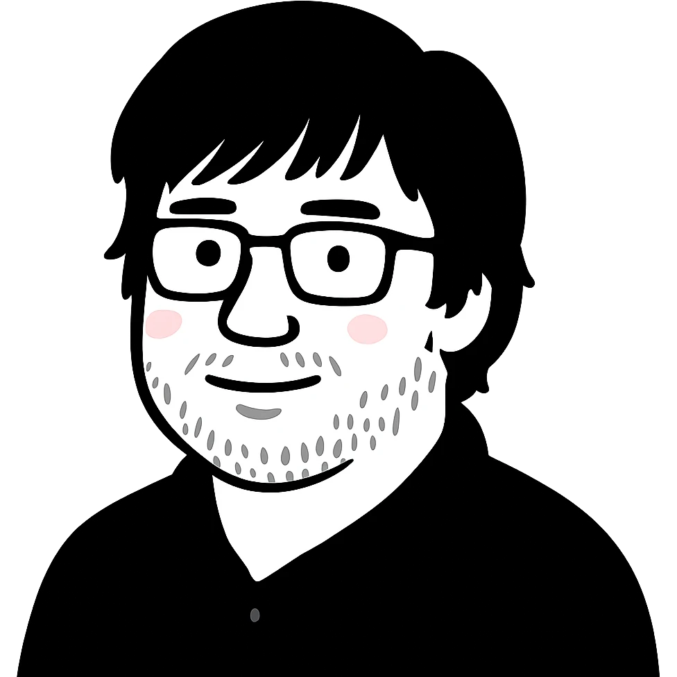 A gentle-looking man with rectangular glasses, longer shaggy hair with wispy bangs across the forehead, chubby round cheeks, a broad flat nose, and a light beard emoji