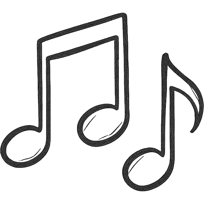 Musical notes icon, hand drawn, black outlines, no fill, simple and clean, top view emoji