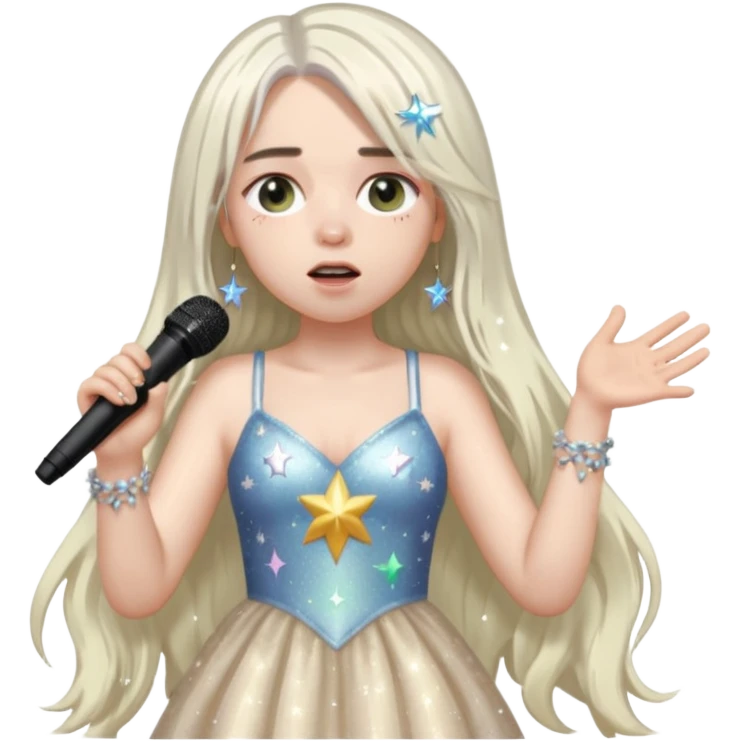 billie eilish is singing, 2 hands holding mirco and twinkle dresss, white long hair emoji