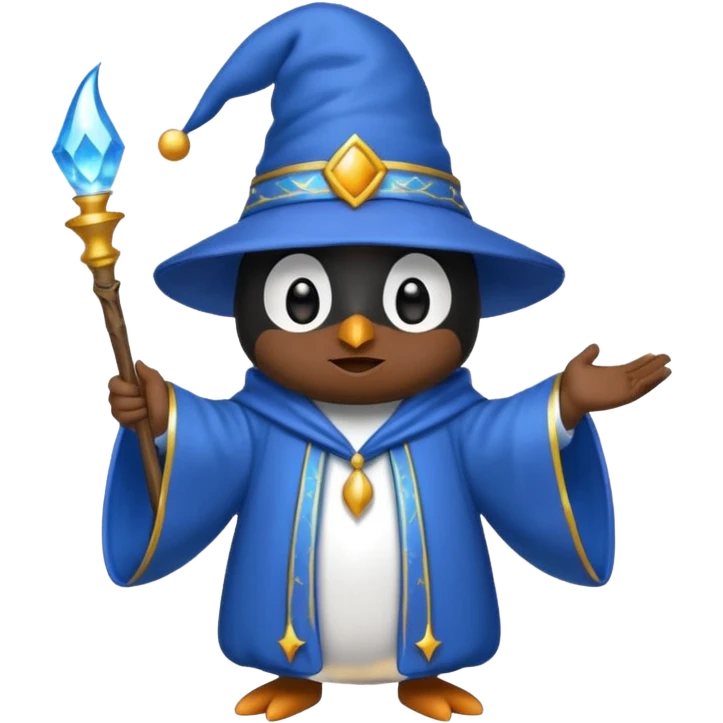 penguin wizard casting a sparkling spell, wearing blue robe and hat, emoji style emoji