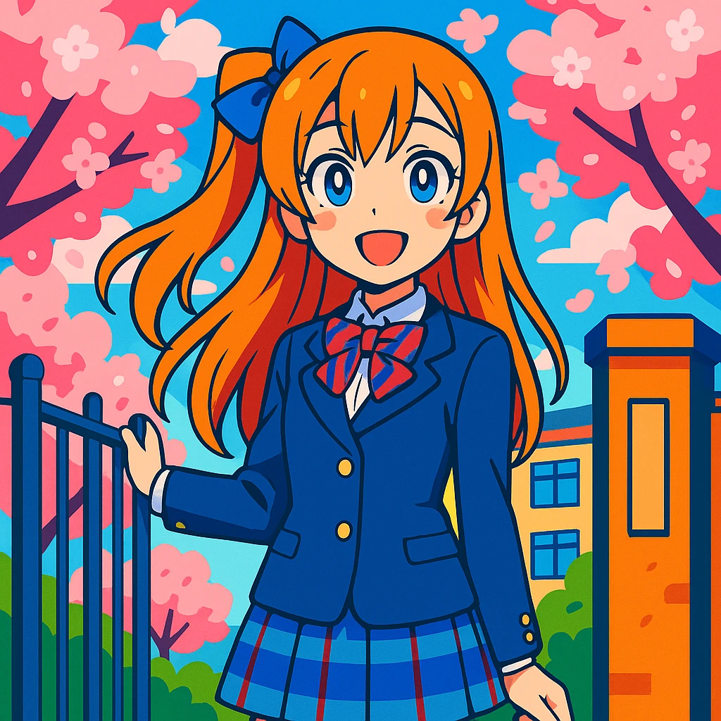 anime schoolgirl with long orange hair, blue ribbon, blue eyes, smiling, in Japanese school uniform, standing by school gate with cherry blossoms, vibrant colors, Love Live! inspired emoji
