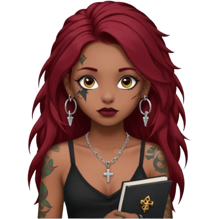 generate an ios genmoji of a dusky girl with long dark red messy hair with eyeliner on her eyes. septum piercing, wearing a cami black top, has tattoos, on shoulders. ear piercings. wearing a cross silver necklace. carrying a lot of sketchbooks emoji