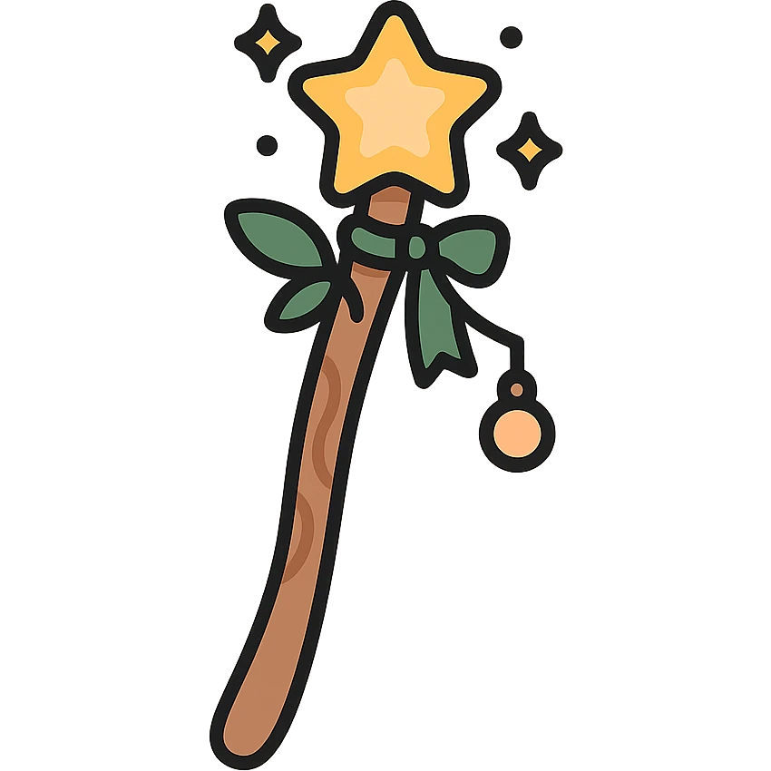 A cute and magical wand with an elegant, whimsical design, incorporating a color palette of golden orange (FA9B41), forest green (4A7C5C), soft taupe brown (96775A), and pastel peach (FFCC9A). The wand is slender and slightly curved, made of smooth wood with delicate carvings. At the top, there's a glowing gem or star in peachy tones, surrounded by tiny sparkles. Decorative elements like a ribbon, tiny leaves, or a small charm add a cozy, storybook-like charm. The overall look is gentle, enchanting, and magical, perfect for a forest fairy or a kindhearted young wizard emoji