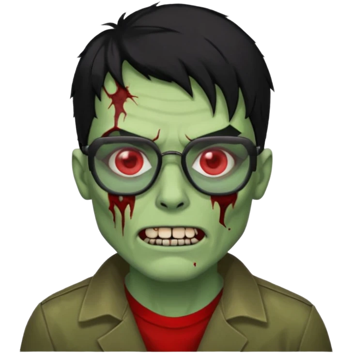 homem zumbi de óculos cabelo preto com muita olheira deixar pele dele verde dentes brancos e olhos vermelhos e ensanguentados deixar óculos quadrado e preto e olhos cheio de veias vermelhas e encher o rosto de piercings colocar piercing em todo rosto emoji