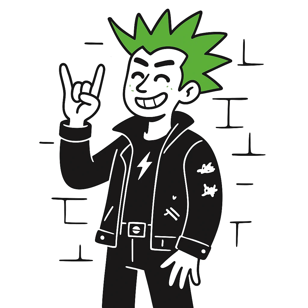 smiling punk guy with green irochese showing horns (doodle style) emoji