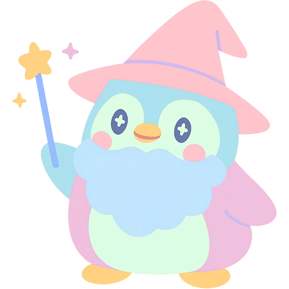 playful style chubby penguin wizard with a big beard and pointy hat emoji