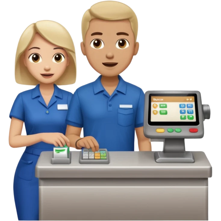 Supermarket employee at a cash register, full body, serving a man surprised emoji