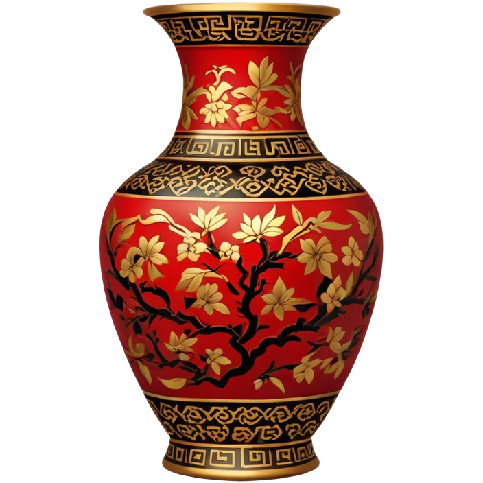 Chinese metal painting icon, process of painting Chinese patterns on a metal vase, visible fine paintbrush in hand, intricate brushstrokes with vibrant red, gold, and black colors, metal surface with detailed designs in progress, minimalistic style, clean lines, transparent background. emoji