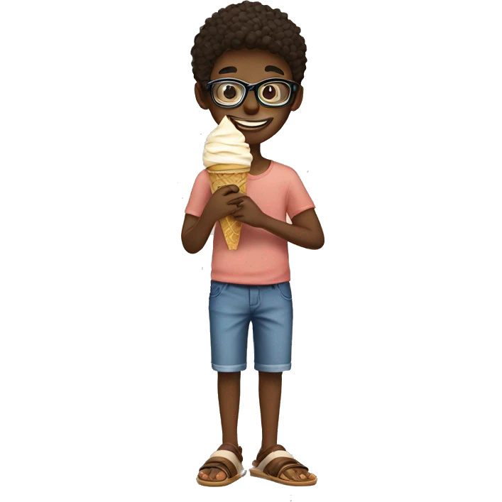 A boy eating ice cream with sandals with a glasses on his face emoji